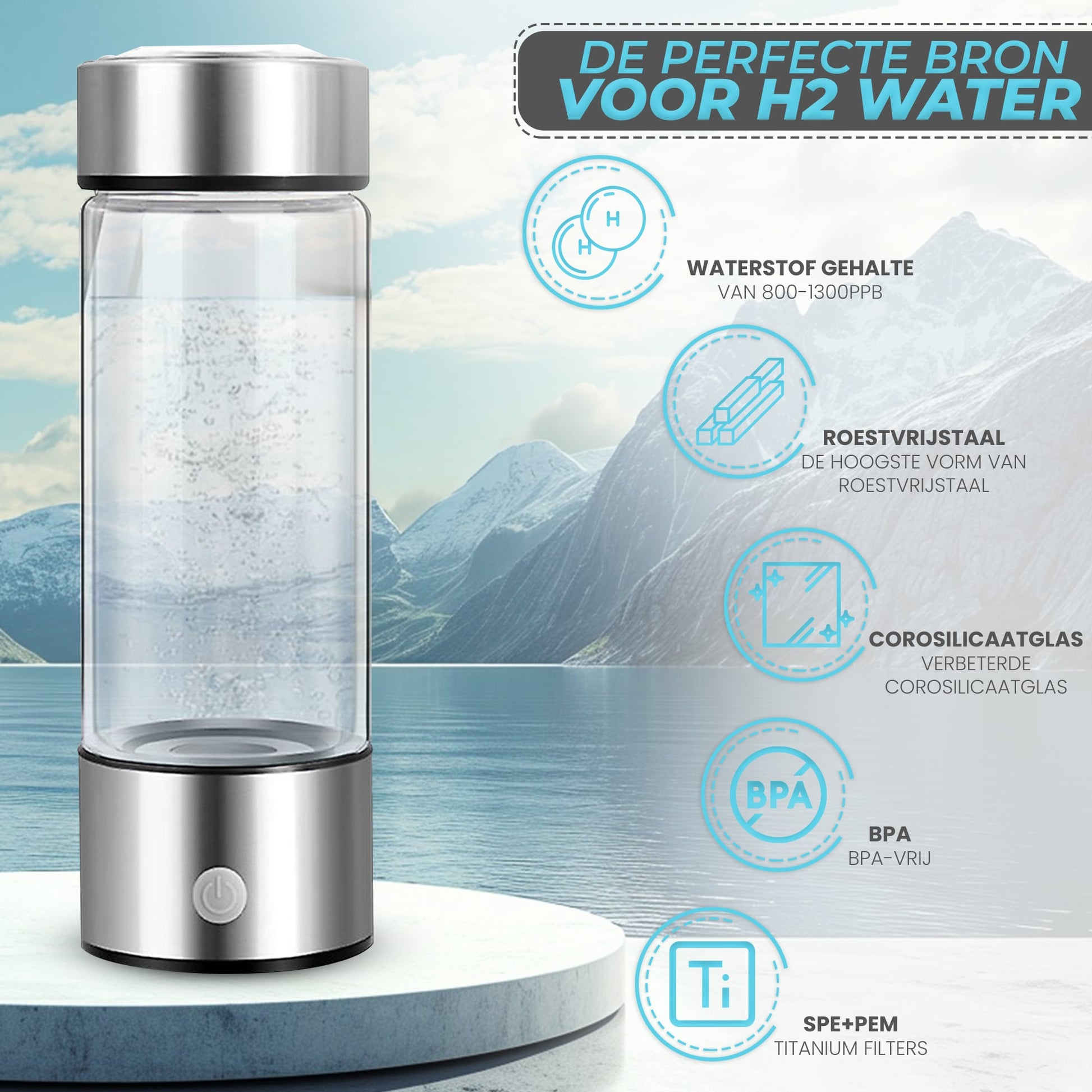 Afbeelding promoot een apparaat voor het produceren van waterstofrijk water, gemaakt van roestvrij staal en borosilicaatglas. Kenmerken: perfecte bron voor H2-water, waterstofgehalte van 800-1300 ppb, duurzaam en corrosiebestendig roestvrij staal, hoogwaardig borosilicaatglas, BPA-vrij ontwerp, en SPE+PEM titanium filters voor optimale waterzuivering en verrijking