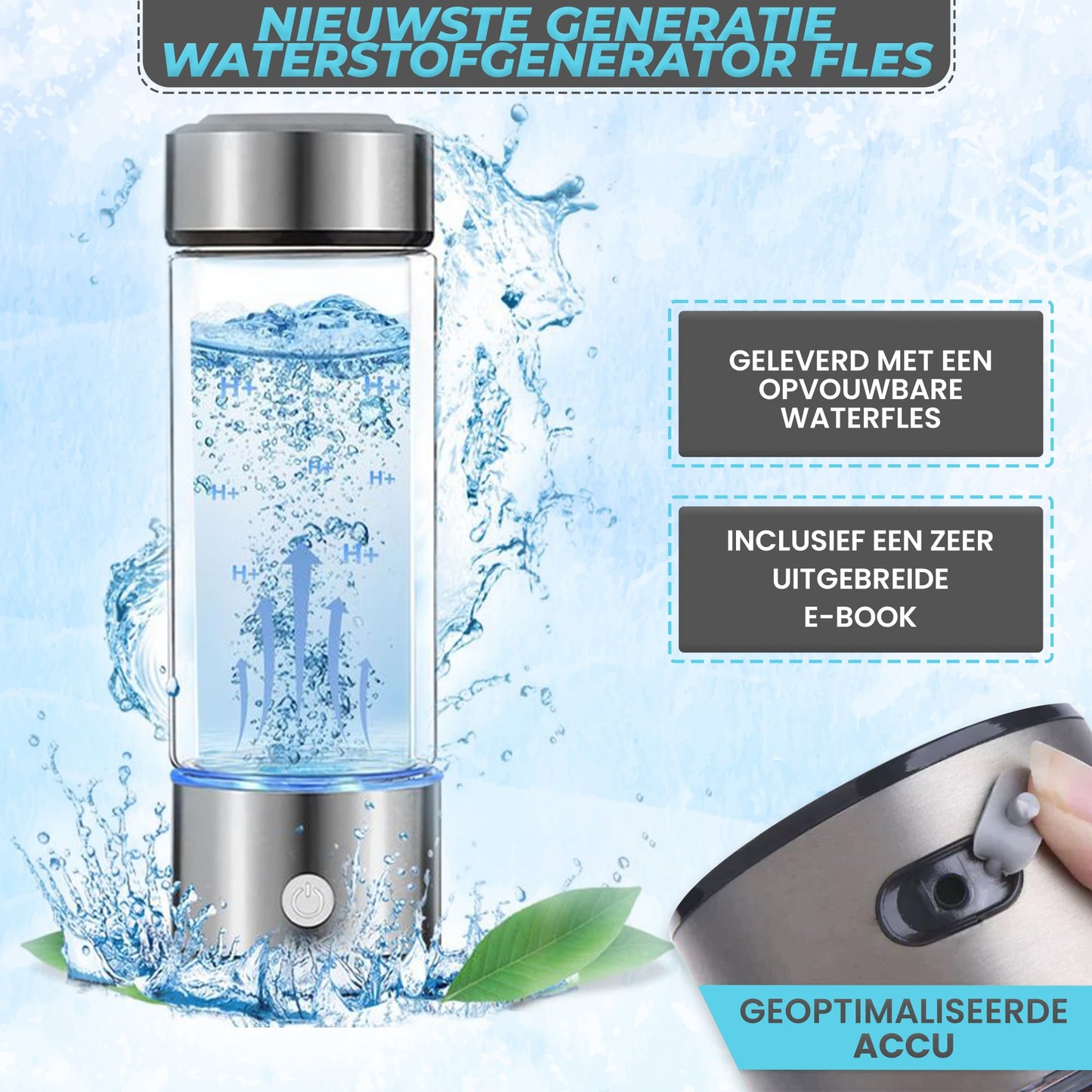 Afbeelding toont tekst over de nieuwste generatie waterstofgeneratorfles - geleverd met opvouwbare waterfles en een uitgebreid e-book; rechts is de fles duidelijk zichtbaar met water erin, omgeven door waterstofbellen. Rechtsonder is een oplaadingang te zien, voorzien van een rubberen afdichting met IPX6-classificatie. Dit voorkomt dat er water in de oplaadingang komt, zodat je de fles veilig onder de kraan kunt afspoelen