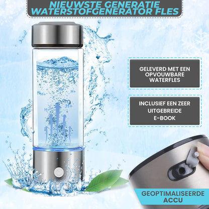 Afbeelding toont tekst over de nieuwste generatie waterstofgeneratorfles - geleverd met opvouwbare waterfles en een uitgebreid e-book; rechts is de fles duidelijk zichtbaar met water erin, omgeven door waterstofbellen. Rechtsonder is een oplaadingang te zien, voorzien van een rubberen afdichting met IPX6-classificatie. Dit voorkomt dat er water in de oplaadingang komt, zodat je de fles veilig onder de kraan kunt afspoelen