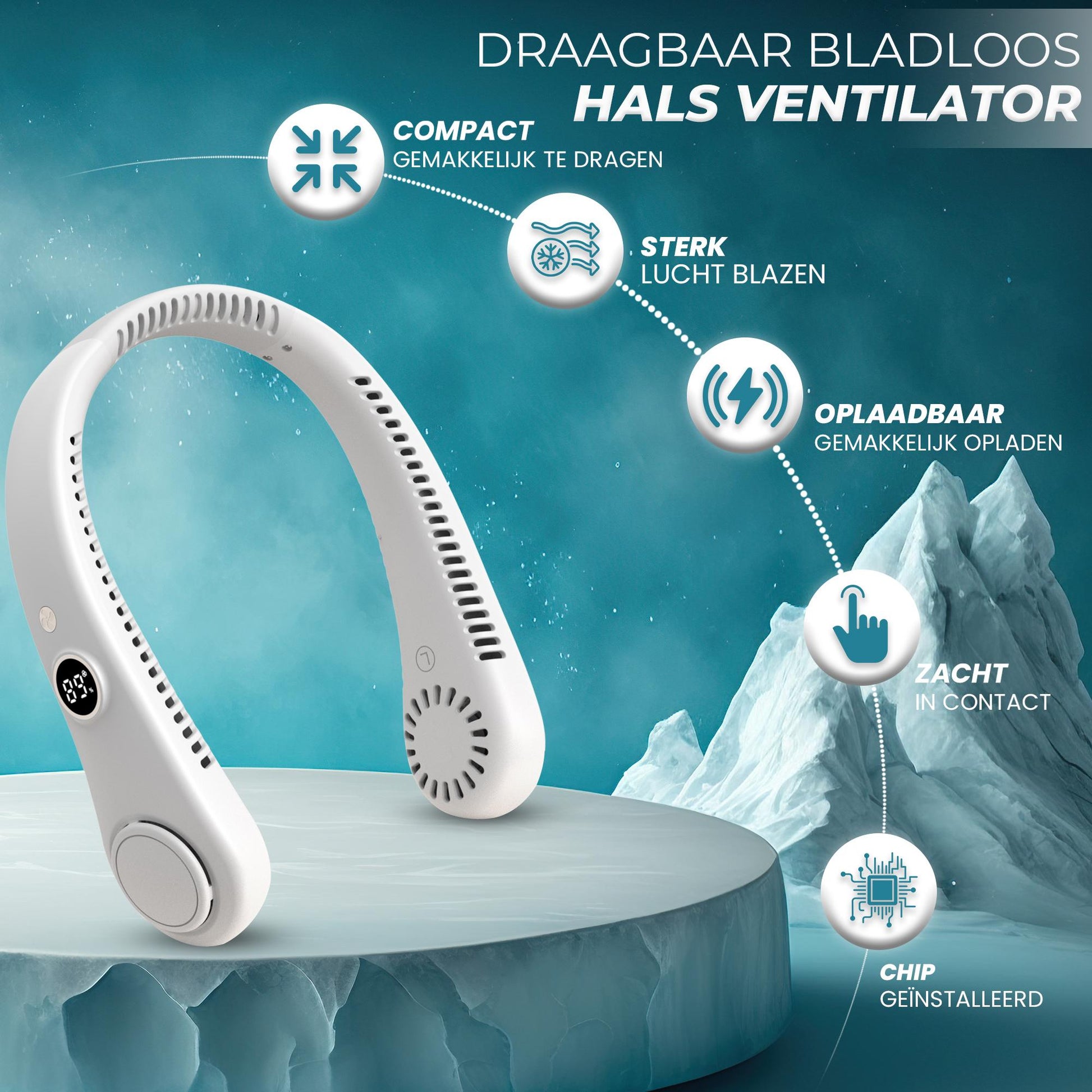 Afbeelding van een draagbare, bladloze ventilator. Het apparaat is compact en gemakkelijk mee te nemen, geschikt voor in een tas. Ondanks het kleine formaat blaast het krachtige lucht voor efficiënte koeling. De ventilator is uitgerust met een oplaadbare batterij en eenvoudig op te laden via USB. Het zachte materiaal zorgt voor comfort op de huid. Een ingebouwde chip biedt geavanceerde technologie voor functies zoals het regelen van de ventilatorsnelheid