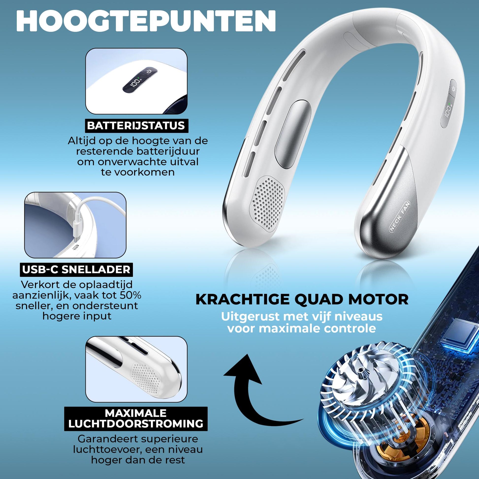 Draagbare witte nekventilator met modern design en intuïtief display voor batterijduur. Verstelbaar met vijf snelheidsstanden voor optimale verkoeling. Comfortabele pasvorm en snel oplaadbaar via USB-C, ideaal voor persoonlijke en mobiele verkoeling