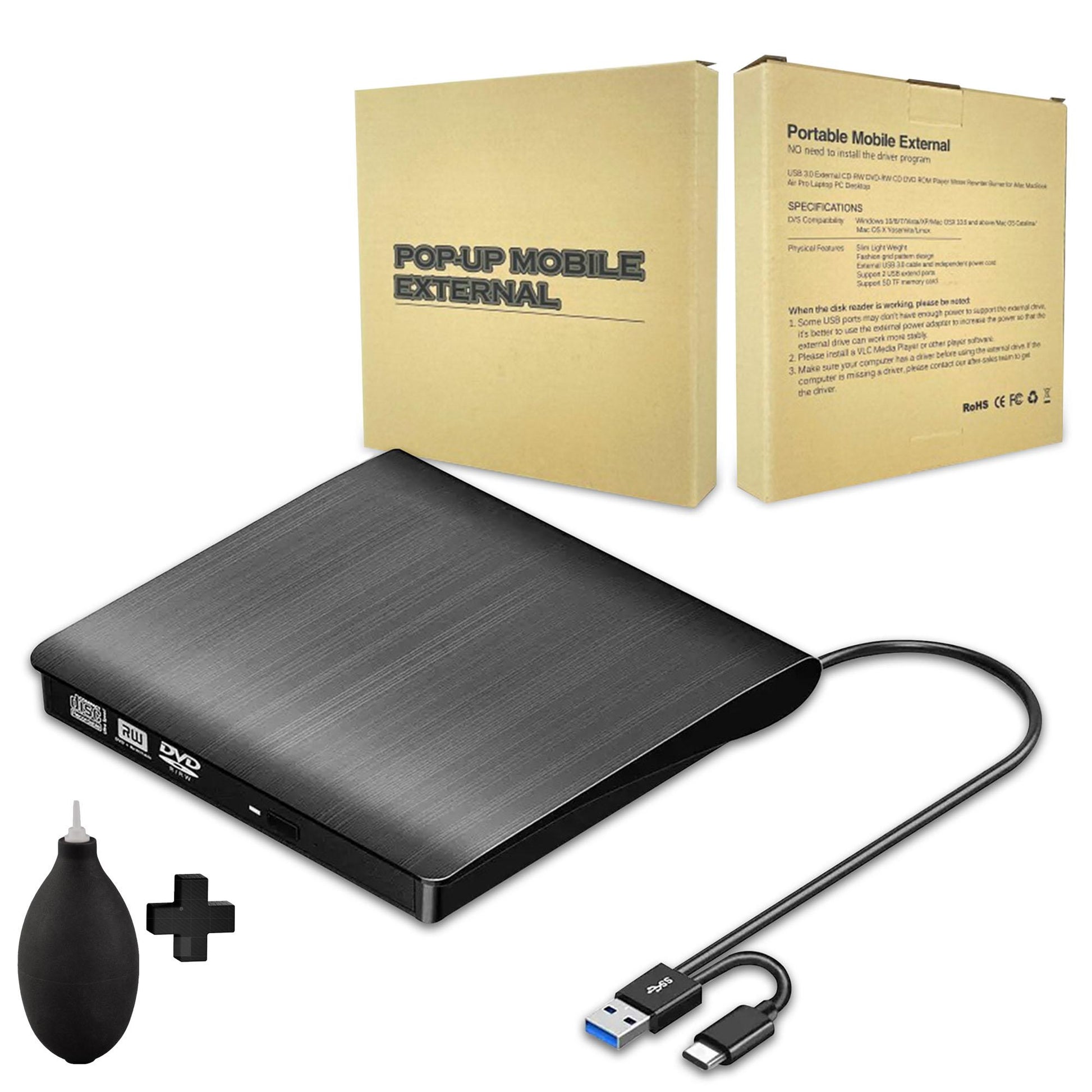 Hoofdafbeelding met prominent de zwarte externe DVD/CD speler en brander van FerryCleanShop in de linkerhoek. Onder de speler ligt een meegeleverde lenzenreiniger. Rechtsboven is de doos te zien waarin de speler wordt geleverd, met daarop de tekst "Pop-Up External Drive", die aangeeft dat het apparaat direct werkt bij aansluiting via USB-C of USB 3.0.