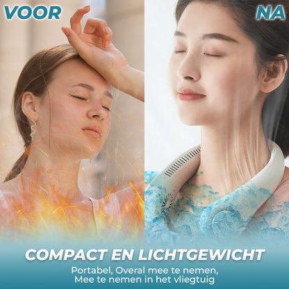 Vergelijkingsfoto van een witte nekventilator. Links is de temperatuur warm zonder het apparaat, rechts is het koel met gebruik van de ventilator. Kleine tekst vermeldt: 'Portal bel overal meenemen in het vliegtuig ook gebruiken', wat de draagbaarheid en reisgeschiktheid van het apparaat benadrukt.