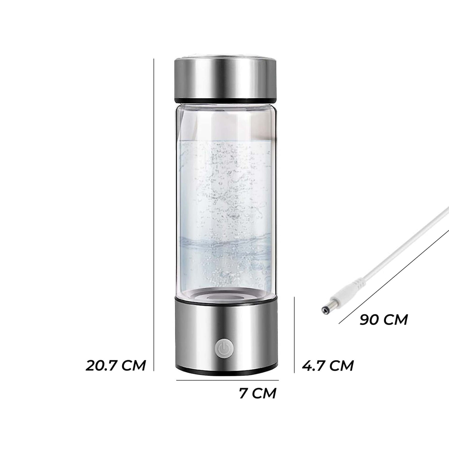 Technische afbeelding van waterstoffles met meetstrepen en getallen die de afmetingen aangeven-hoogte 20,7 cm, diameter 7 cm en bodemdikte 4,7 cm; links een oplaadkabel van 90 cm op een witte achtergrond